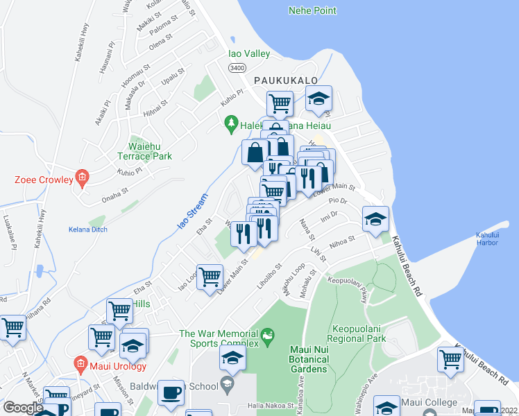 map of restaurants, bars, coffee shops, grocery stores, and more near 282 Momi Place in Wailuku