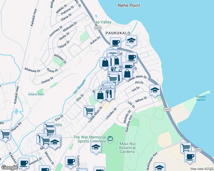 map of restaurants, bars, coffee shops, grocery stores, and more near 282 Momi Place in Wailuku