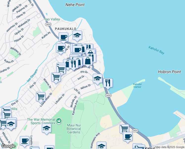 map of restaurants, bars, coffee shops, grocery stores, and more near 679 Pio Drive in Wailuku