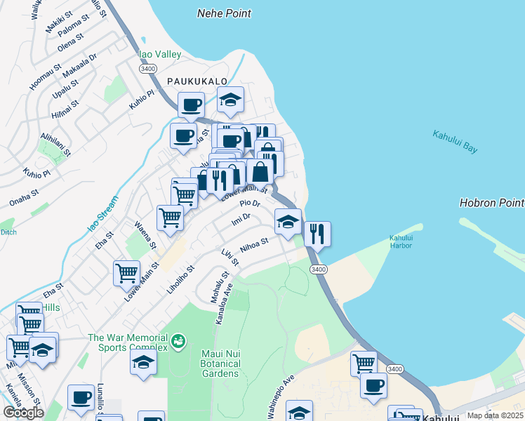 map of restaurants, bars, coffee shops, grocery stores, and more near 654 Pio Drive in Wailuku