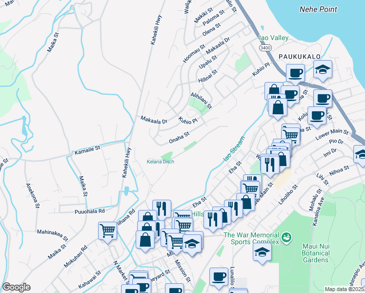 map of restaurants, bars, coffee shops, grocery stores, and more near 1270 Piihana Road in Wailuku