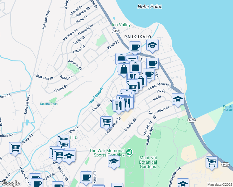 map of restaurants, bars, coffee shops, grocery stores, and more near 60 Kopi Lane in Wailuku