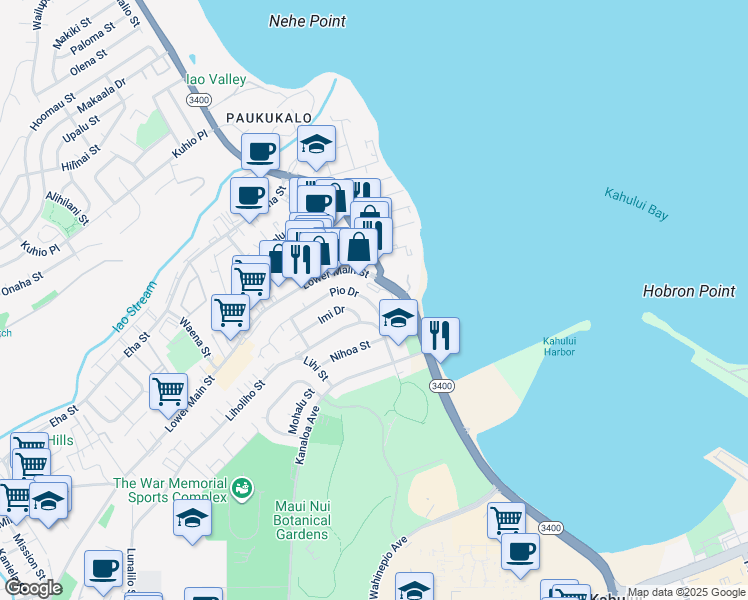 map of restaurants, bars, coffee shops, grocery stores, and more near 671 Pio Drive in Wailuku