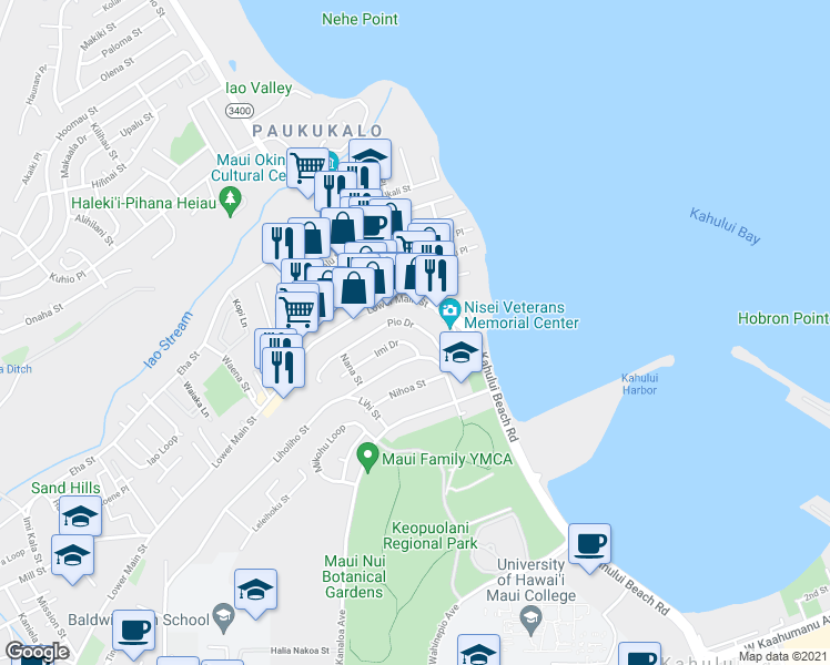 map of restaurants, bars, coffee shops, grocery stores, and more near 644 Pio Drive in Wailuku