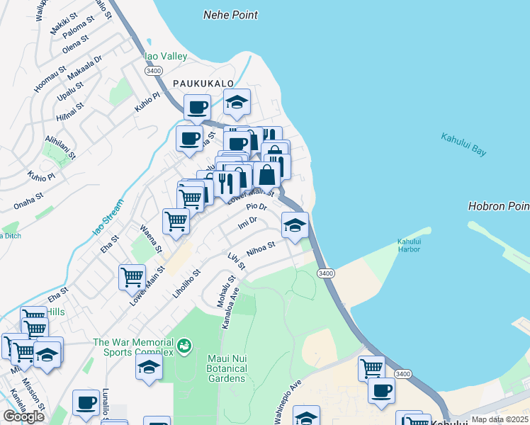 map of restaurants, bars, coffee shops, grocery stores, and more near 644 Pio Drive in Wailuku