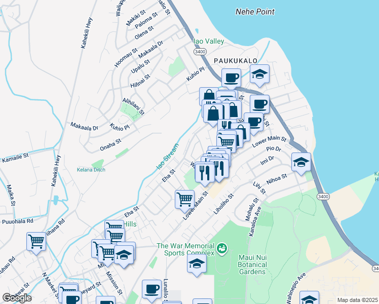 map of restaurants, bars, coffee shops, grocery stores, and more near 60 Kapi Lane in Wailuku