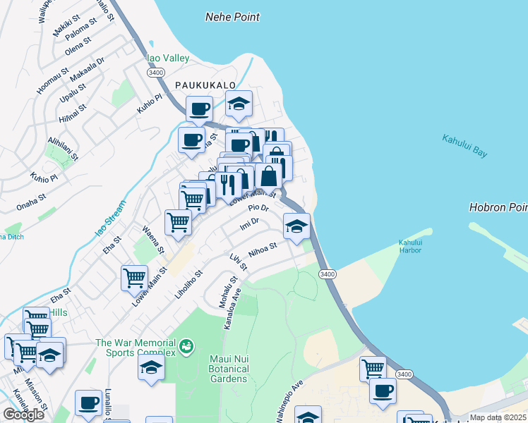 map of restaurants, bars, coffee shops, grocery stores, and more near 634 Pio Drive in Wailuku