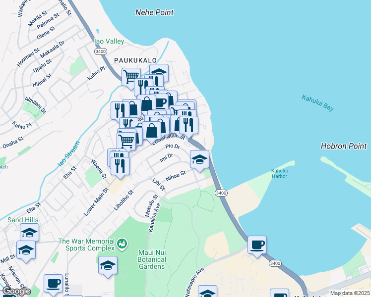 map of restaurants, bars, coffee shops, grocery stores, and more near 665 Pio Drive in Wailuku