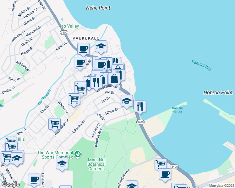 map of restaurants, bars, coffee shops, grocery stores, and more near 665 Pio Drive in Wailuku