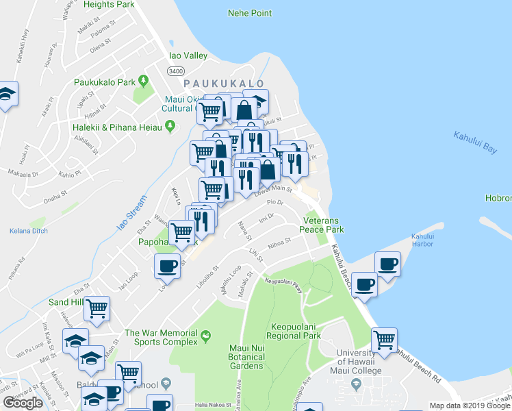 map of restaurants, bars, coffee shops, grocery stores, and more near 581 Pio Drive in Wailuku