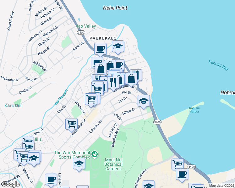 map of restaurants, bars, coffee shops, grocery stores, and more near 581 Pio Drive in Wailuku