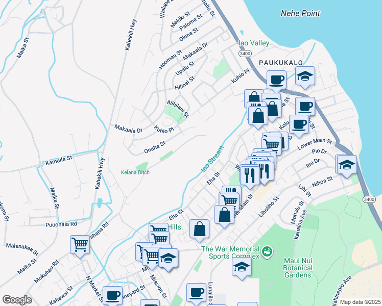 map of restaurants, bars, coffee shops, grocery stores, and more near 1159 Piihana Road in Wailuku