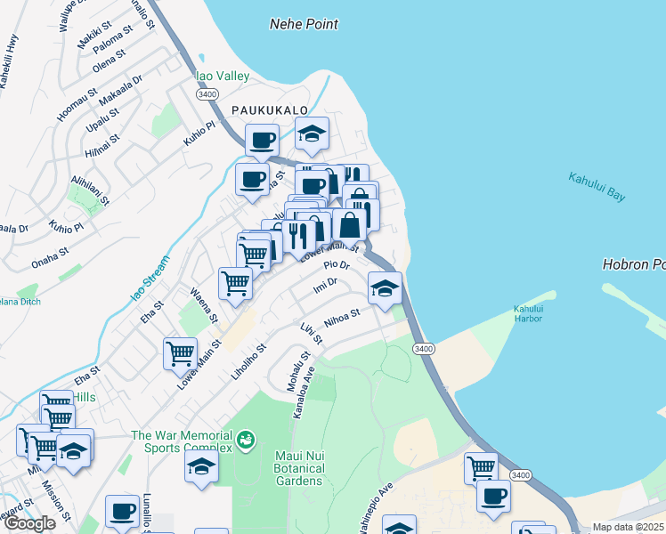 map of restaurants, bars, coffee shops, grocery stores, and more near 614 Pio Drive in Wailuku