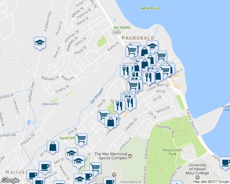 map of restaurants, bars, coffee shops, grocery stores, and more near 85 Kapi Lane in Wailuku