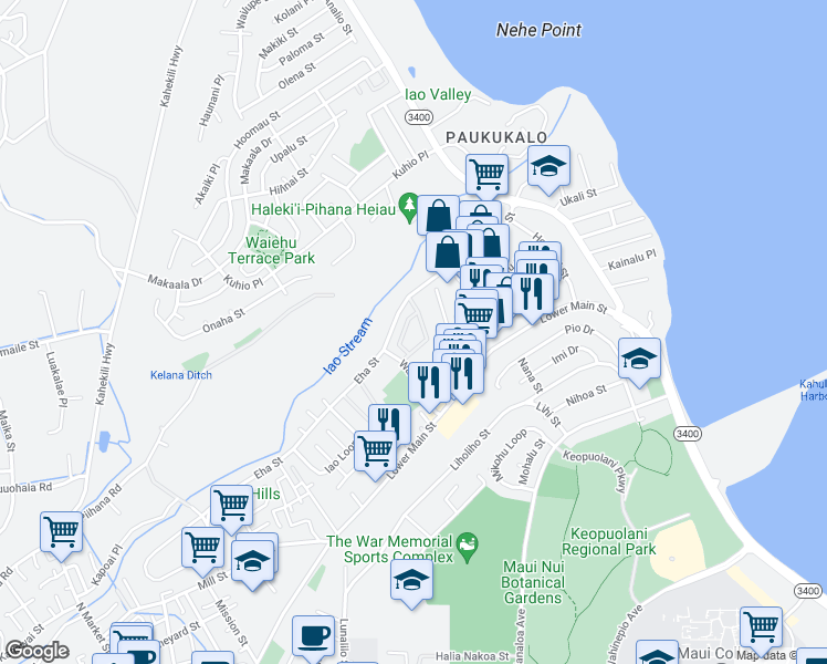map of restaurants, bars, coffee shops, grocery stores, and more near 85 Kapi Lane in Wailuku