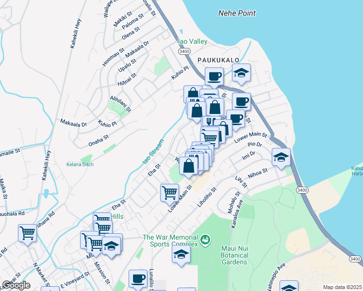 map of restaurants, bars, coffee shops, grocery stores, and more near 61 Kopi Lane in Wailuku