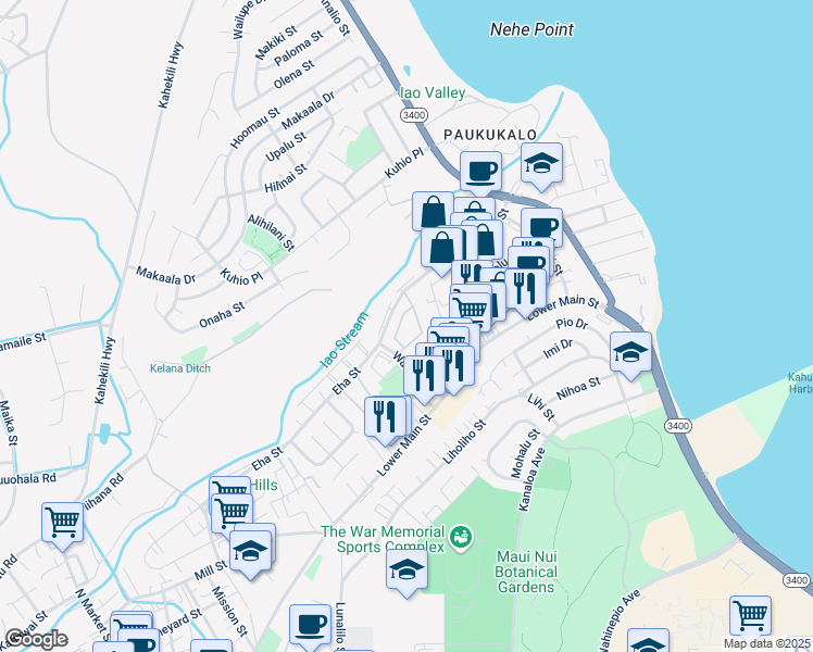 map of restaurants, bars, coffee shops, grocery stores, and more near 52 Kopi Lane in Wailuku
