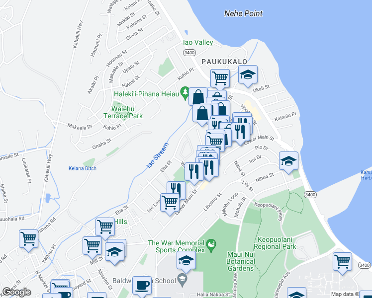 map of restaurants, bars, coffee shops, grocery stores, and more near 10 Kopi Lane in Wailuku