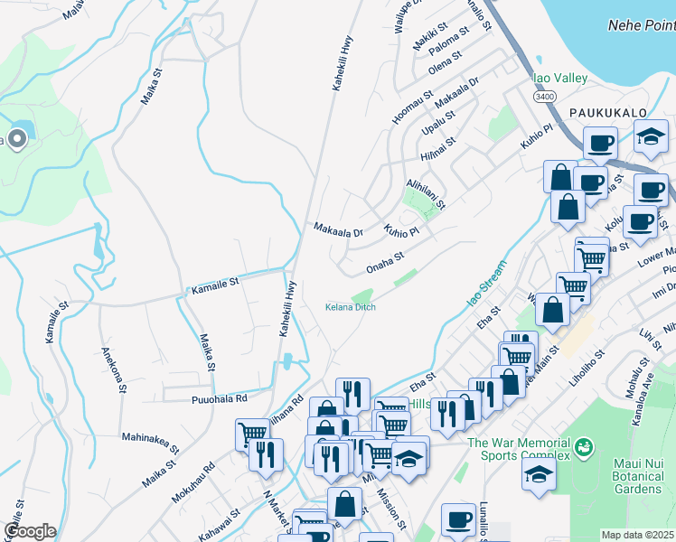 map of restaurants, bars, coffee shops, grocery stores, and more near 1149 Onaha Street in Wailuku
