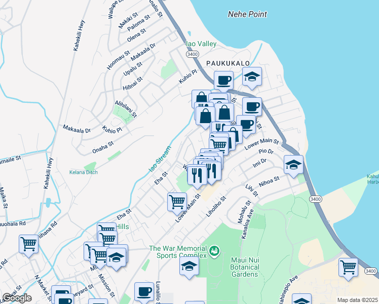 map of restaurants, bars, coffee shops, grocery stores, and more near 71 Kopi Lane in Wailuku