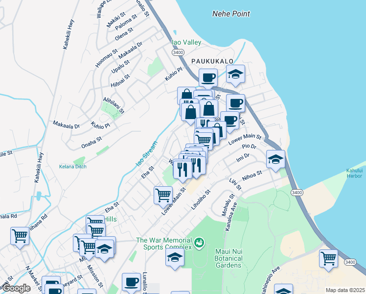 map of restaurants, bars, coffee shops, grocery stores, and more near 51 Kopi Lane in Wailuku