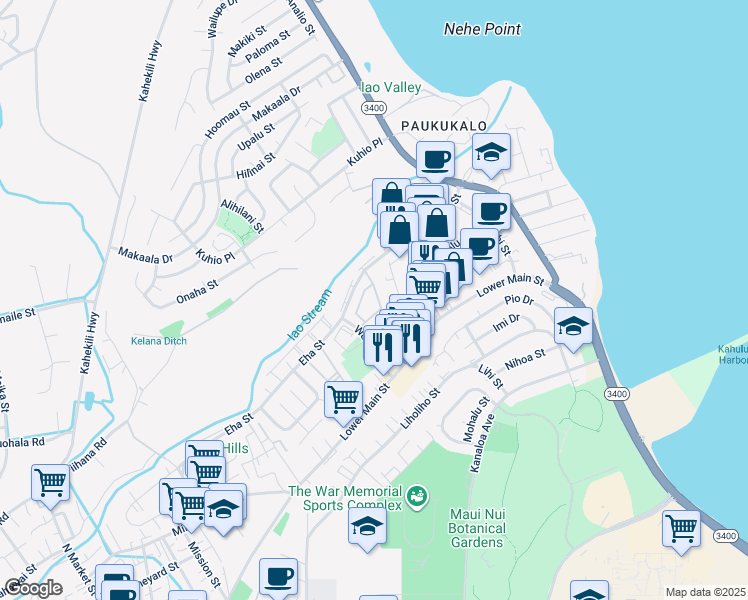 map of restaurants, bars, coffee shops, grocery stores, and more near 60 Kopi Lane in Wailuku