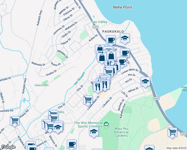 map of restaurants, bars, coffee shops, grocery stores, and more near 45 Kapi Lane in Wailuku