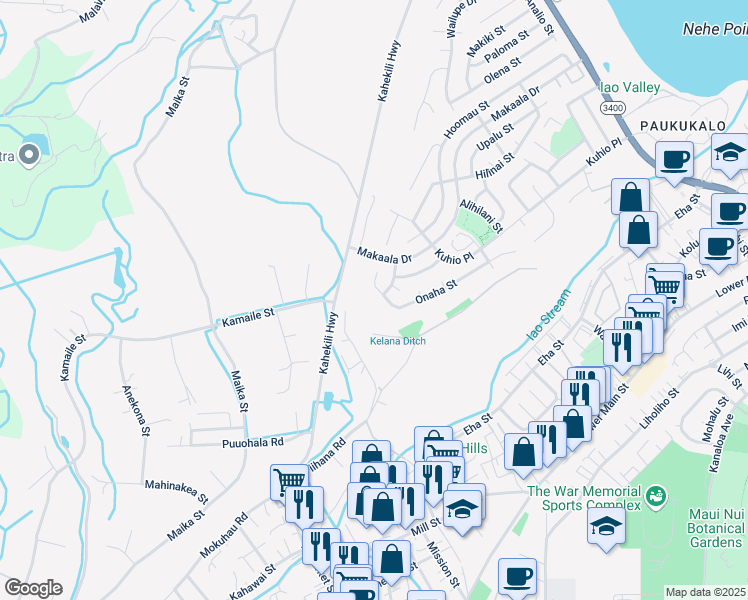 map of restaurants, bars, coffee shops, grocery stores, and more near 1169 West Onaha Place in Wailuku