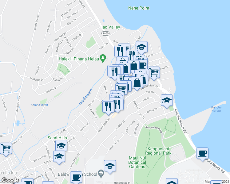 map of restaurants, bars, coffee shops, grocery stores, and more near 341 Mamo Place in Wailuku