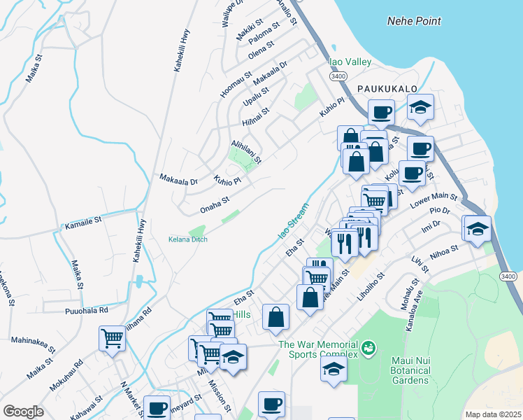 map of restaurants, bars, coffee shops, grocery stores, and more near 1159 Piihana Road in Wailuku