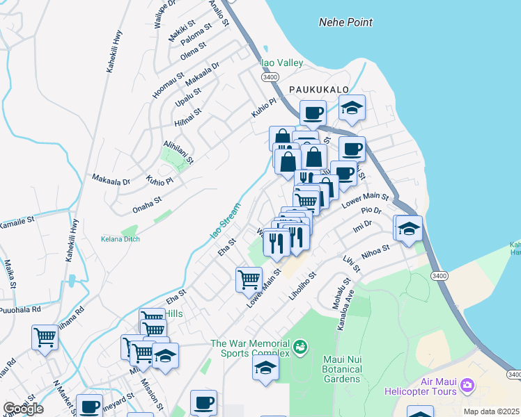 map of restaurants, bars, coffee shops, grocery stores, and more near 40 Kapi Lane in Wailuku