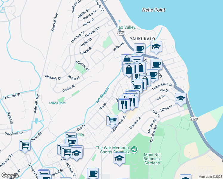 map of restaurants, bars, coffee shops, grocery stores, and more near 1010 Eha Street in Wailuku