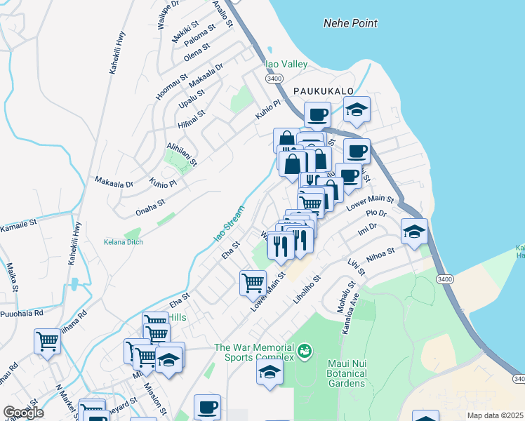 map of restaurants, bars, coffee shops, grocery stores, and more near 50 Kapi Lane in Wailuku
