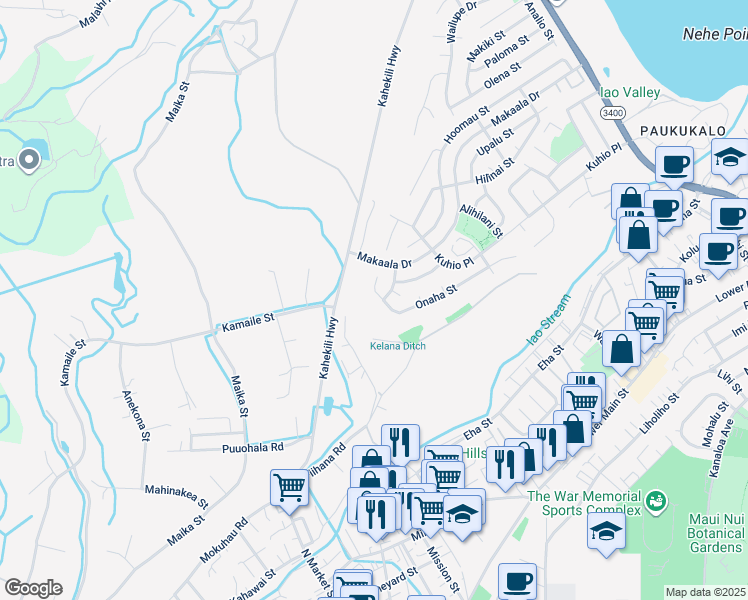 map of restaurants, bars, coffee shops, grocery stores, and more near 1169 West Onaha Place in Wailuku