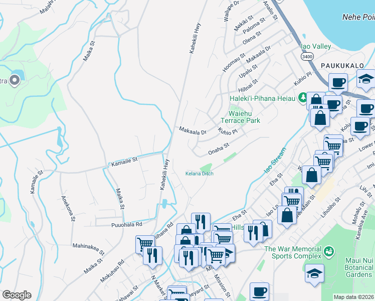 map of restaurants, bars, coffee shops, grocery stores, and more near 1169 West Onaha Place in Wailuku