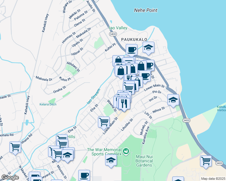 map of restaurants, bars, coffee shops, grocery stores, and more near 32 Kopi Lane in Wailuku