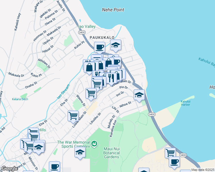 map of restaurants, bars, coffee shops, grocery stores, and more near 774 Lower Main Street in Wailuku