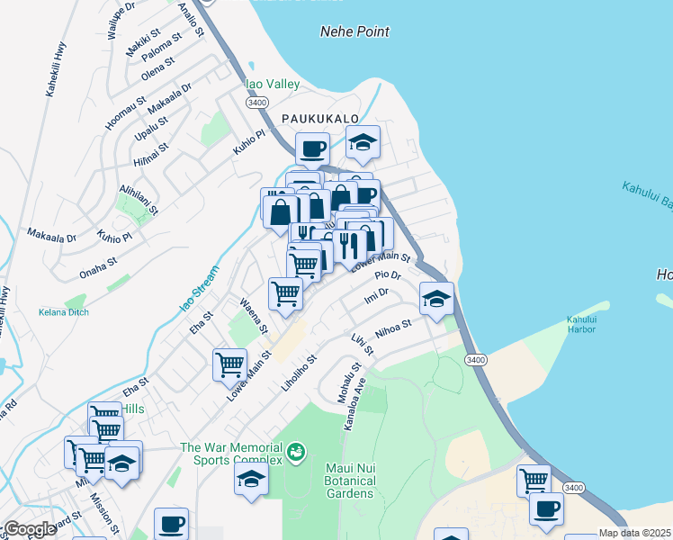 map of restaurants, bars, coffee shops, grocery stores, and more near 774 Lower Main Street in Wailuku