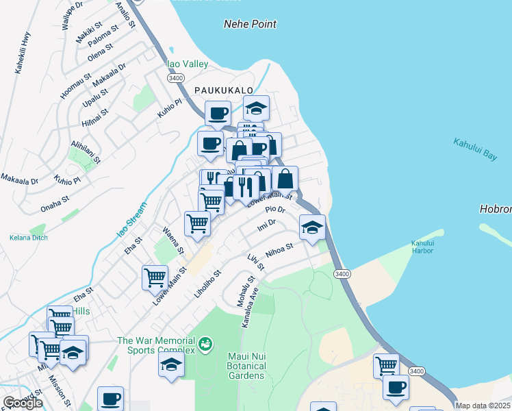 map of restaurants, bars, coffee shops, grocery stores, and more near 749 Lower Main Street in Wailuku