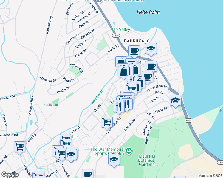 map of restaurants, bars, coffee shops, grocery stores, and more near 40 Kapi Lane in Wailuku