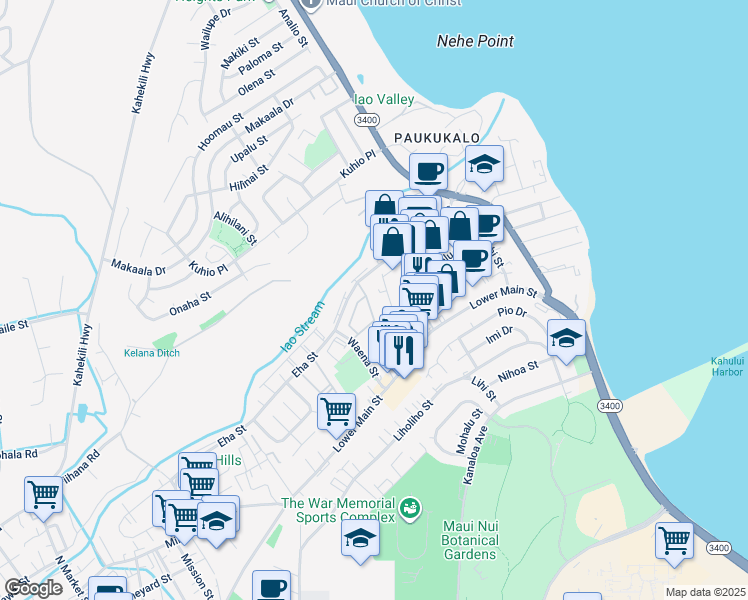 map of restaurants, bars, coffee shops, grocery stores, and more near 31 Kopi Lane in Wailuku
