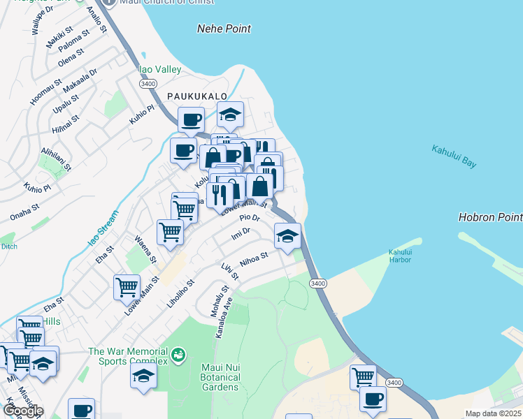 map of restaurants, bars, coffee shops, grocery stores, and more near 703 Lower Main Street in Wailuku