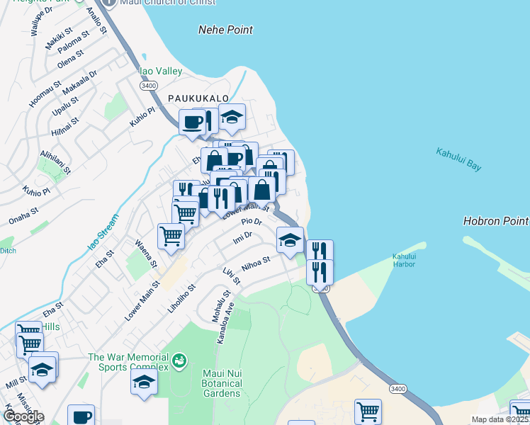 map of restaurants, bars, coffee shops, grocery stores, and more near 703 Lower Main Street in Wailuku