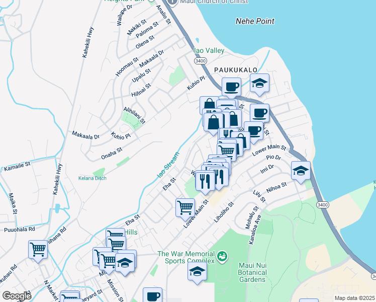 map of restaurants, bars, coffee shops, grocery stores, and more near 1050 Eha Street in Wailuku