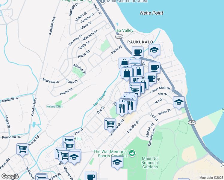 map of restaurants, bars, coffee shops, grocery stores, and more near 1030 Eha Street in Wailuku