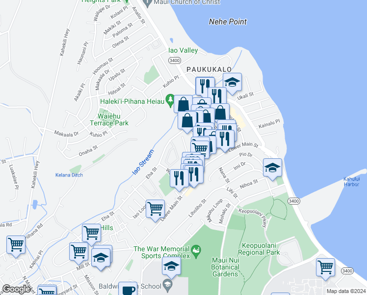 map of restaurants, bars, coffee shops, grocery stores, and more near 335 Momi Place in Wailuku