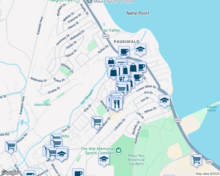 map of restaurants, bars, coffee shops, grocery stores, and more near 335 Momi Place in Wailuku