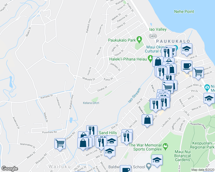 map of restaurants, bars, coffee shops, grocery stores, and more near 1030 Onaha Street in Wailuku