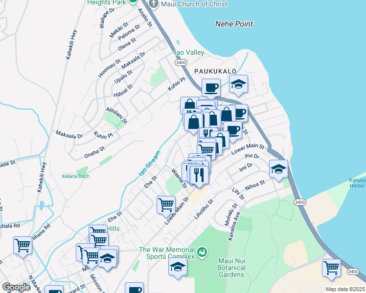 map of restaurants, bars, coffee shops, grocery stores, and more near 17 Kopi Lane in Wailuku