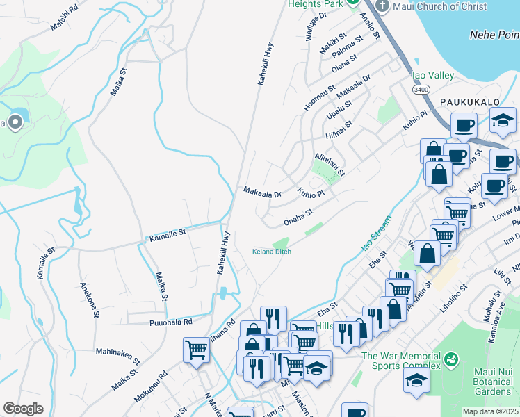 map of restaurants, bars, coffee shops, grocery stores, and more near 1190 West Onaha Place in Wailuku